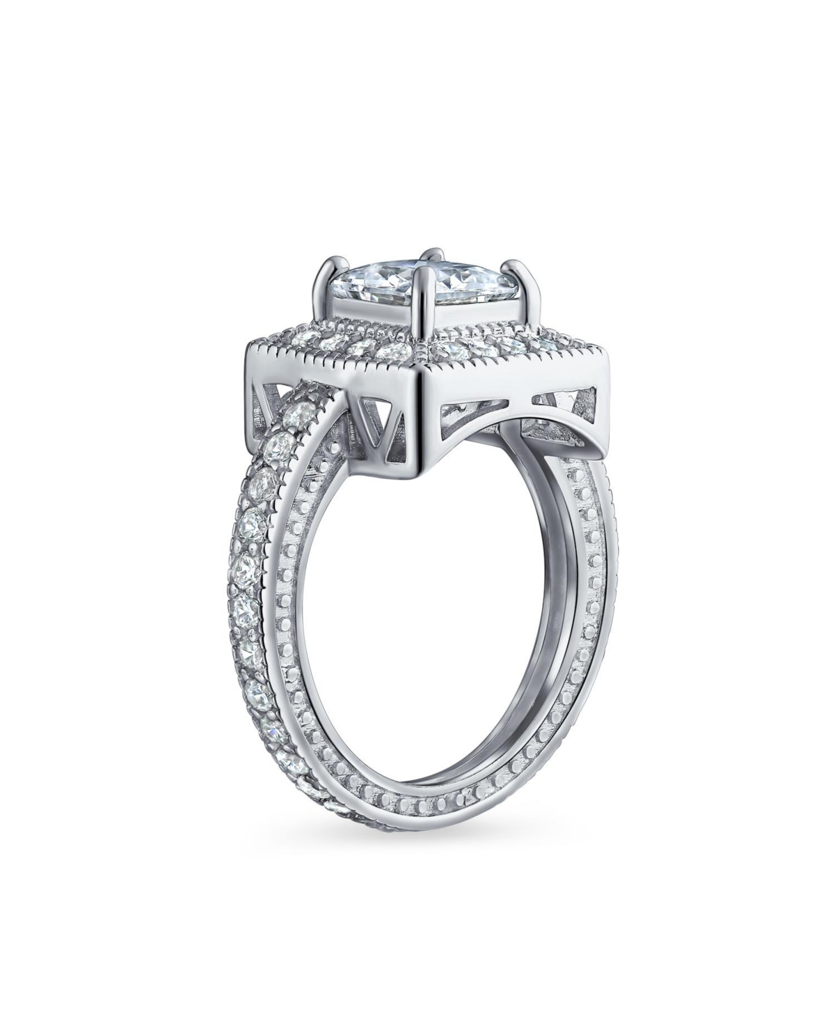 Bling Jewelry 2CT Art Deco Style Cubic Zirconia Milgrain Princess Cut Square Halo Cz Promise Ring With Eternity Band Sterling Silver