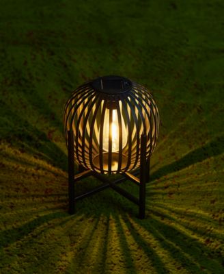 11.50" H Set of 2 Black Metal Stripes Solar Powered Edison Bulb Outdoor Lantern with Stand