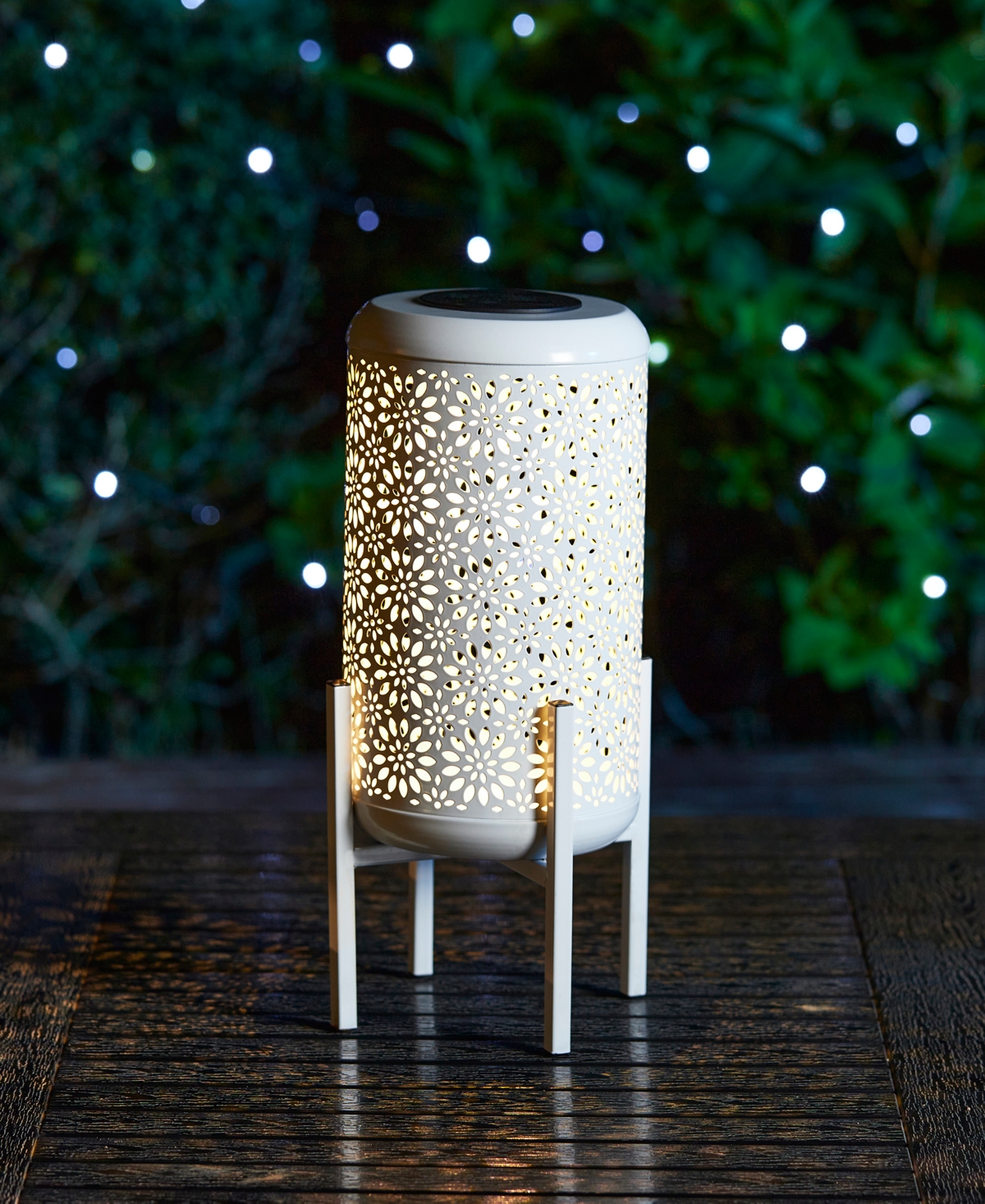 Glitzhome 14.25" H Set Of 2 Metal Cutout Flower Pattern Solar Powered Led Outdoor Lantern With Stand In White
