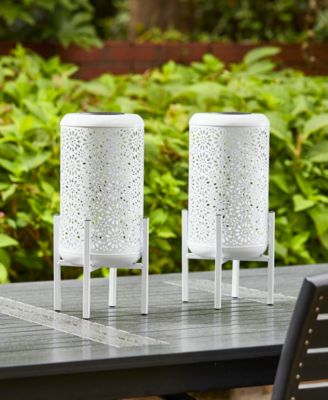 14.25" H Set of 2 Metal Cutout Flower Pattern Solar Powered LED Outdoor Lantern with Stand