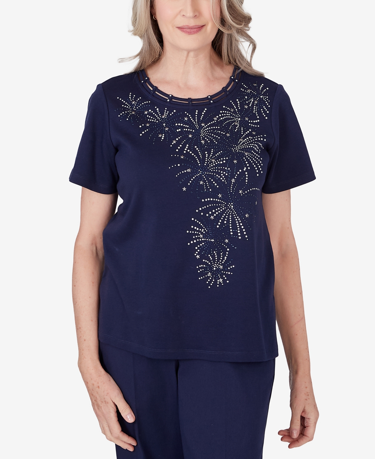 Shop Alfred Dunner Women's All American Embellished Beaded Firework Short Sleeve Top In Navy