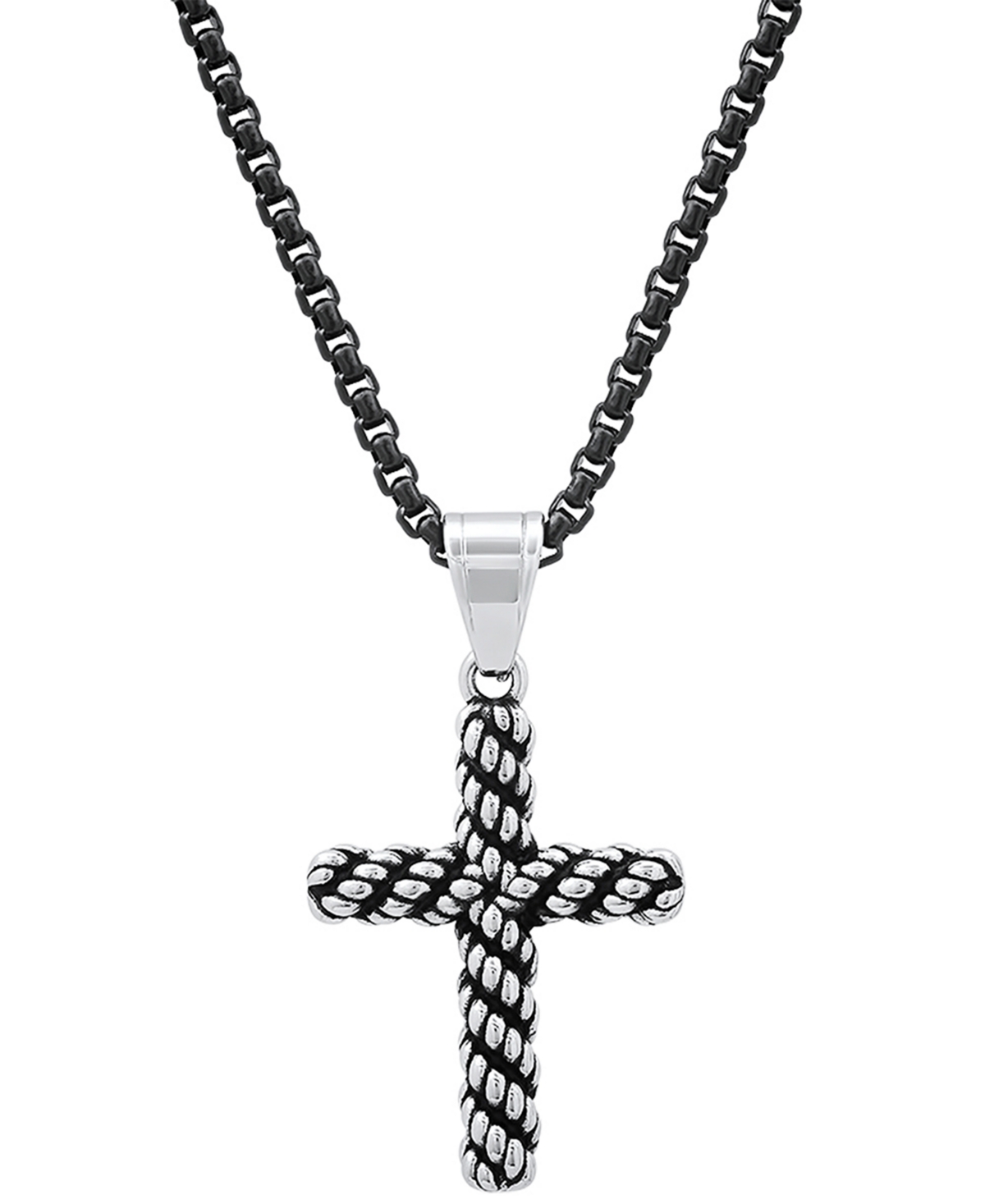 Men's Two-Tone Stainless Steel Rope Chain Cross 24" Pendant Necklace - Black, Silver