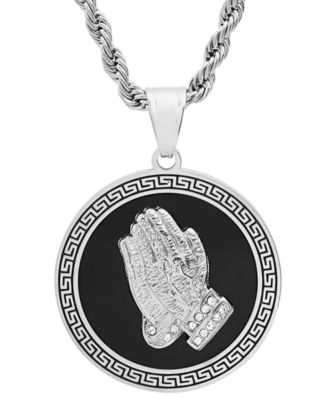 STEELTIME - Men's Stainless Steel Prayer Hand & Greek Key 24" Pendant Necklace