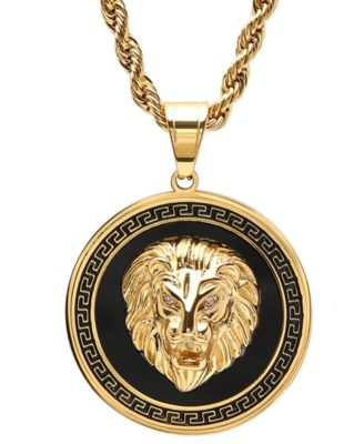Men's Two-Tone Stainless Steel Simulated Diamond Lion Head On Greek Key Mount 24" Pendant Necklace