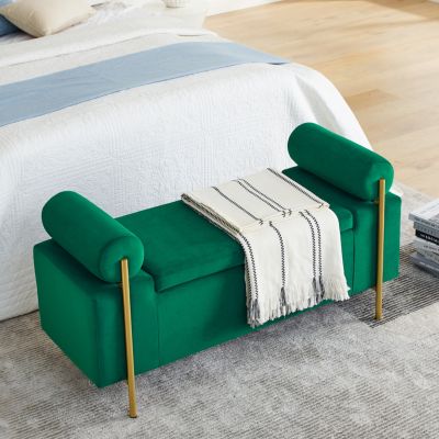 Green Velvet Storage Bench with Iron Legs