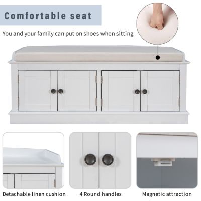 4-Door Storage Bench with Adjustable Shelves, Cushioned Shoe Bench