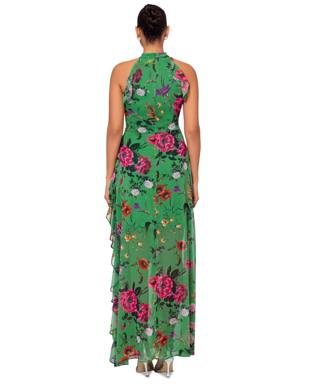 Shop Betsy & Adam Petite Floral-print Ruffled Halter Gown In Green Multi