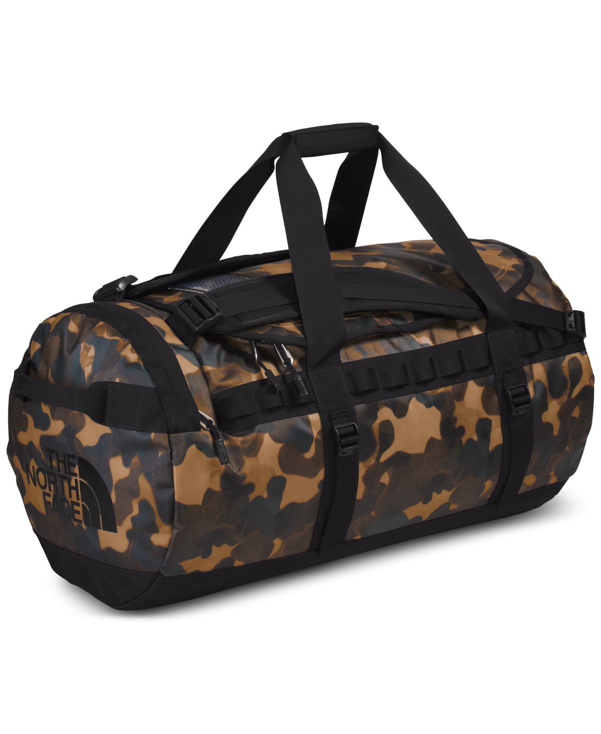 Shop The North Face Base Camp Logo Convertible Duffel Bag In Utility Brown Camo Texture Print,tnf Bla
