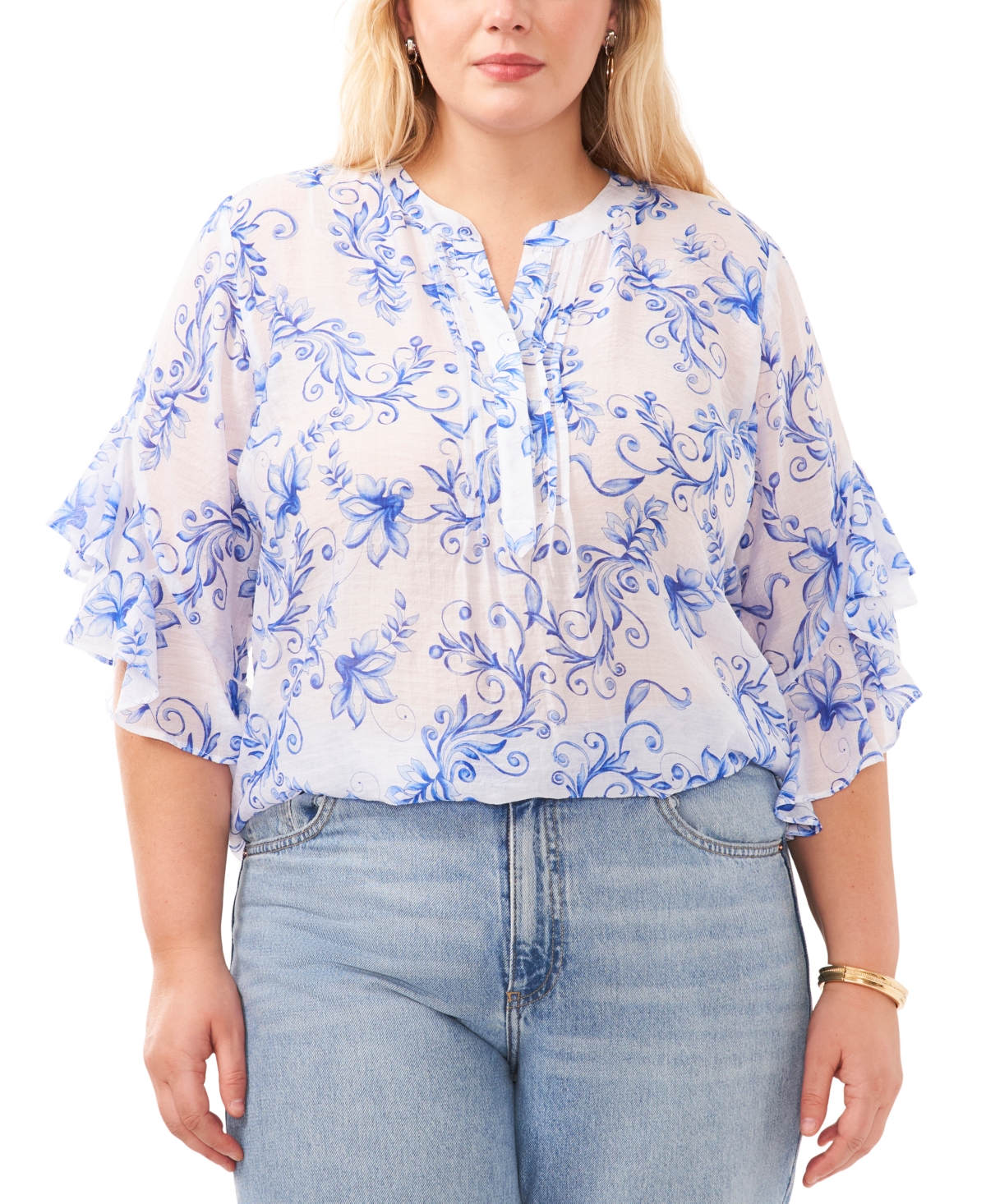 Vince Camuto Plus Size Printed Flutter Sleeve Blouse In Airy Blue