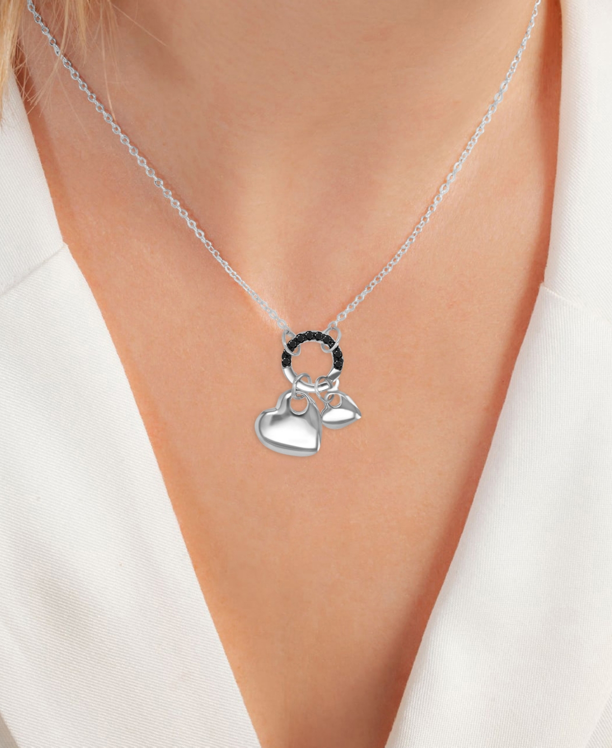 Macy's Black Spinel Double Heart & Ring Pendant Necklace (1/5 Ct. T.w.) In Sterling Silver, 16" + 2" Extend In Black Spinel