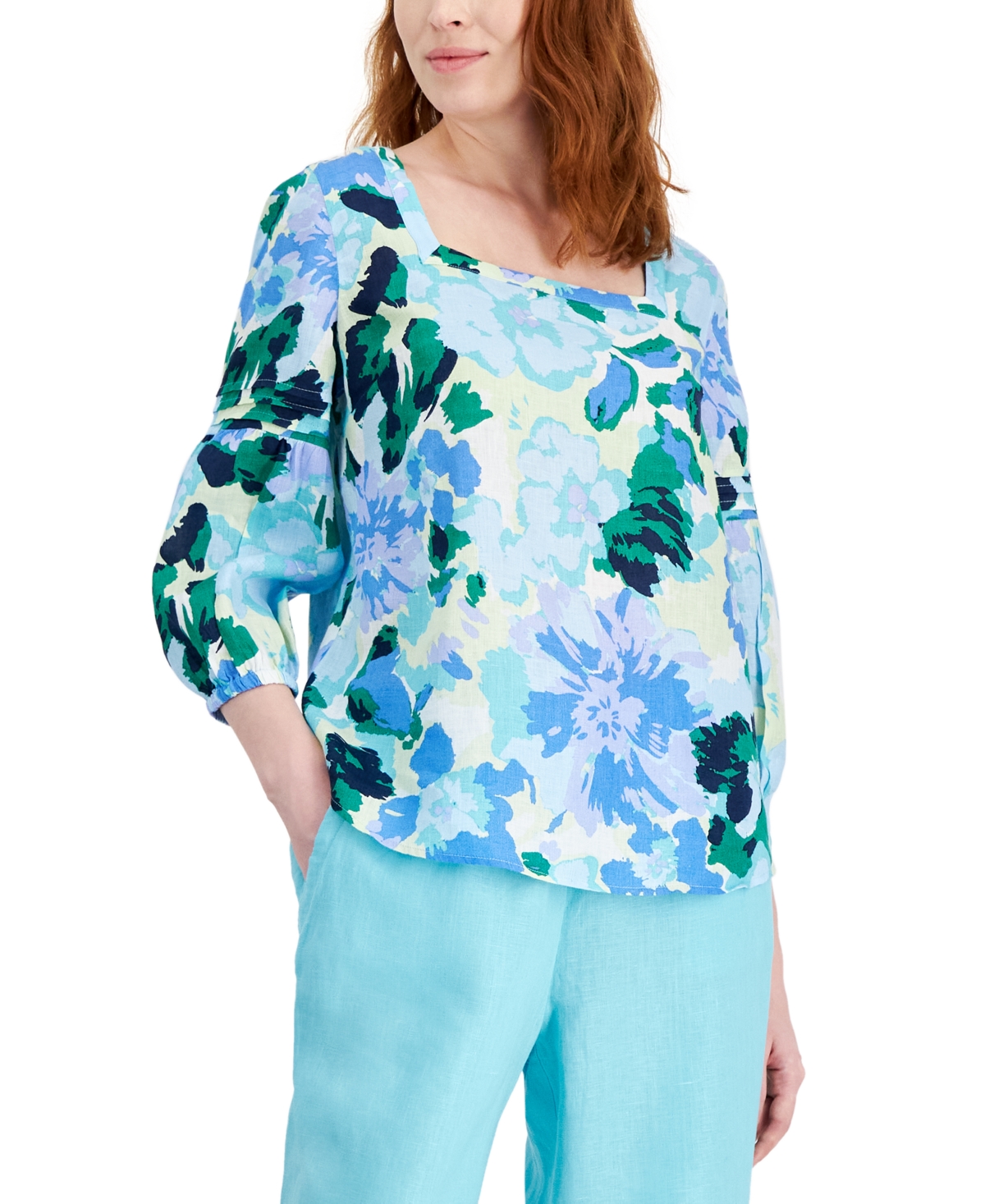 Women's 100% Linen Printed Square-Neck Top, Created for Macy's - Light Pool Blue Combo