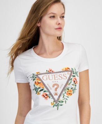 GUESS - Women's Triangle Floral Logo Embellished T-Shirt