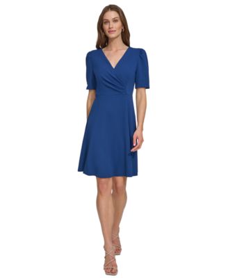 DKNY - Women's Draped-Front Puff-Shoulder A-Line Dress