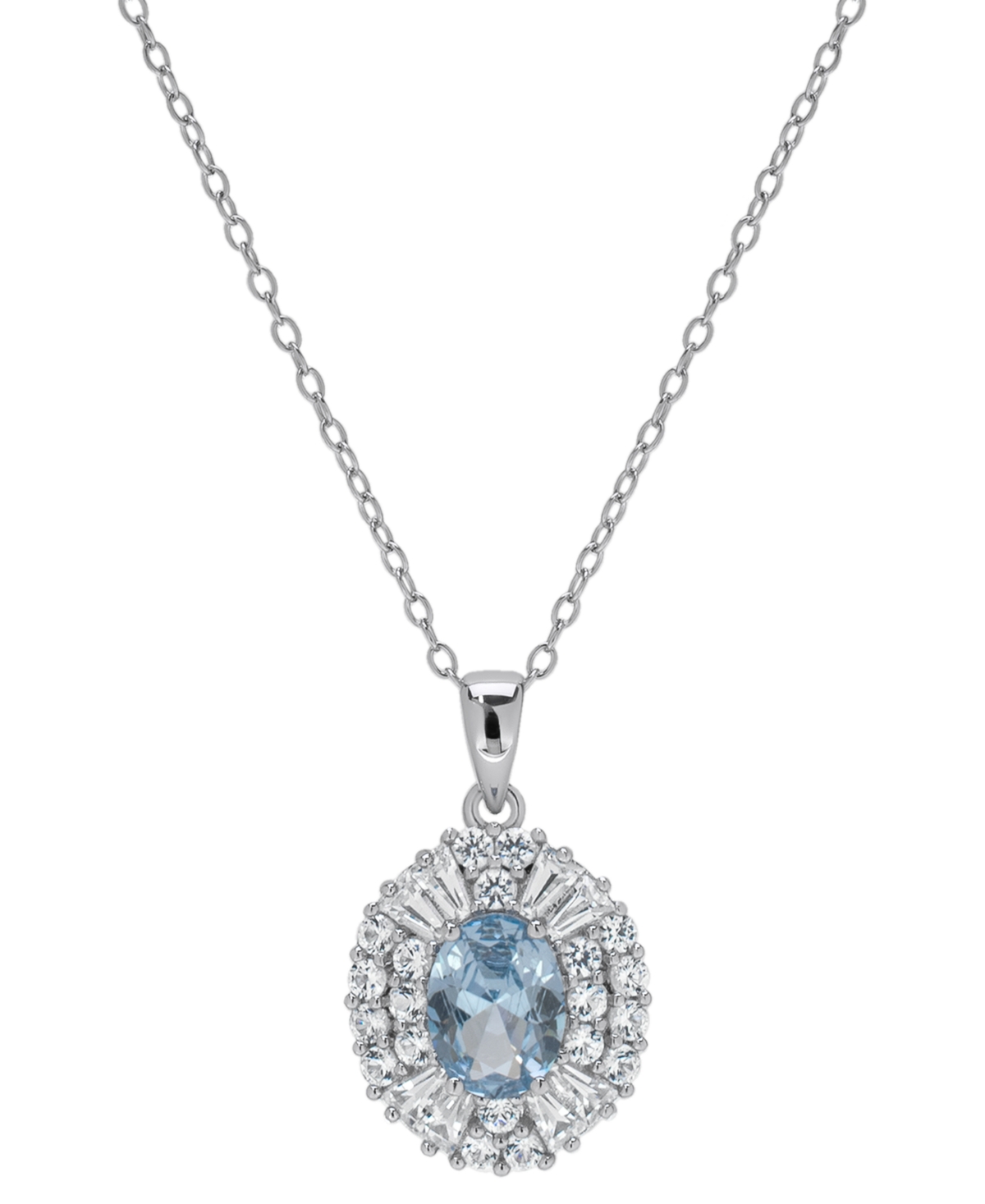 Lab Grown Aquamarine (1-1/10 ct. t.w.) & Lab Grown White Sapphire (1-1/8 ct. t.w.) Oval Halo 18" Pendant Necklace in Sterling Silver - Aquamarine