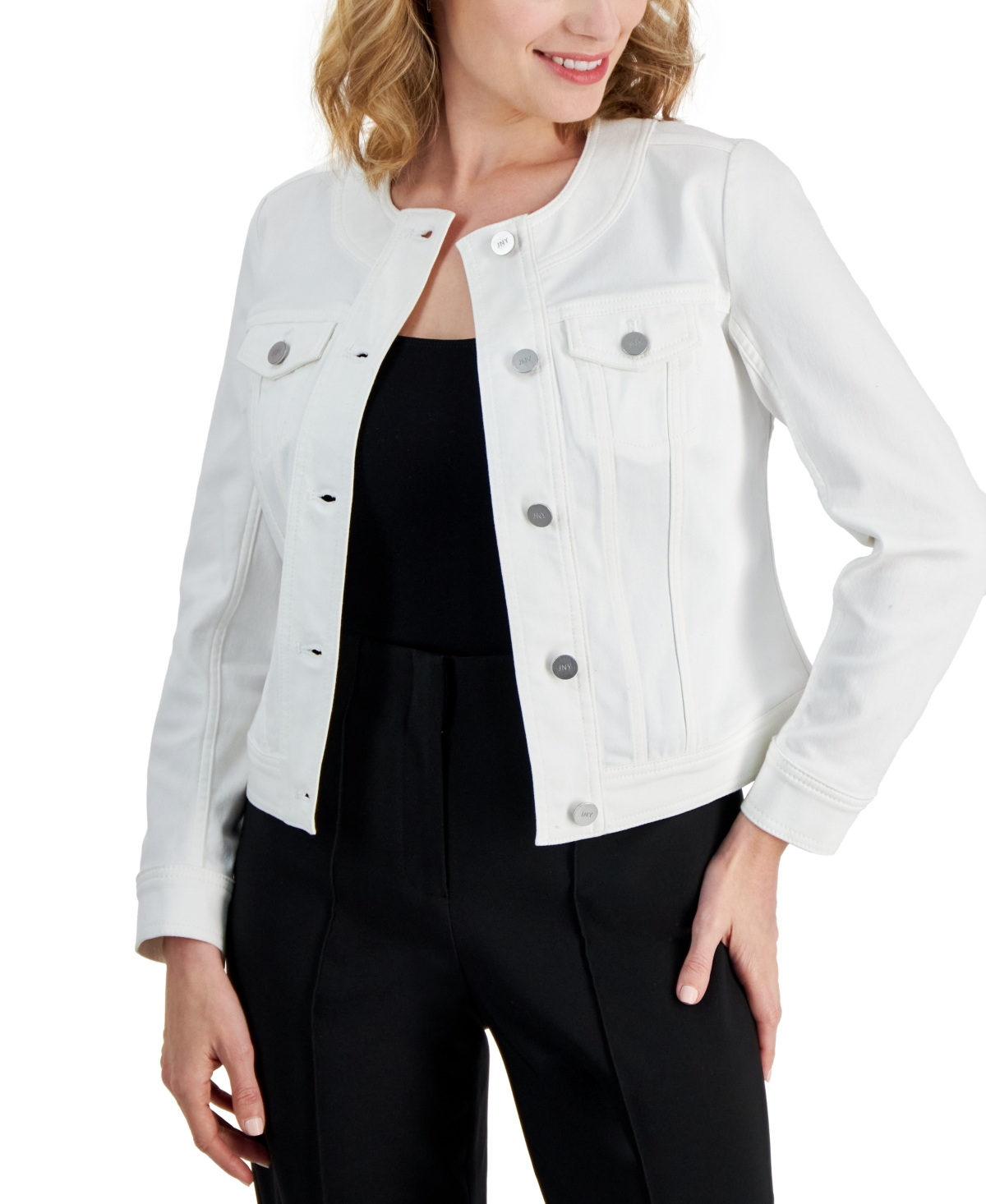 Petite Jewel Neck Button-Front Denim Jacket - Soft White