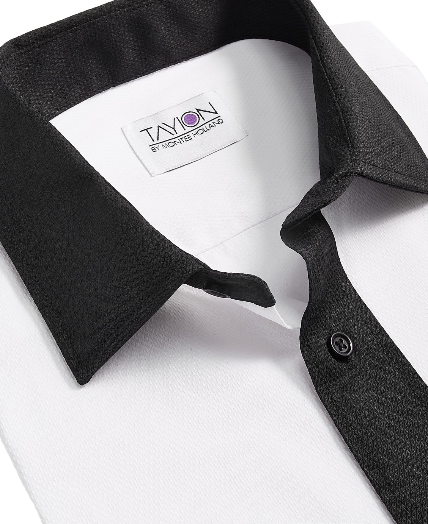 Мужская рубашка Tayion Collection Slim-Fit Black Trim Solid Dress Shirt, цвет: Белый / Чёрный — фото 4