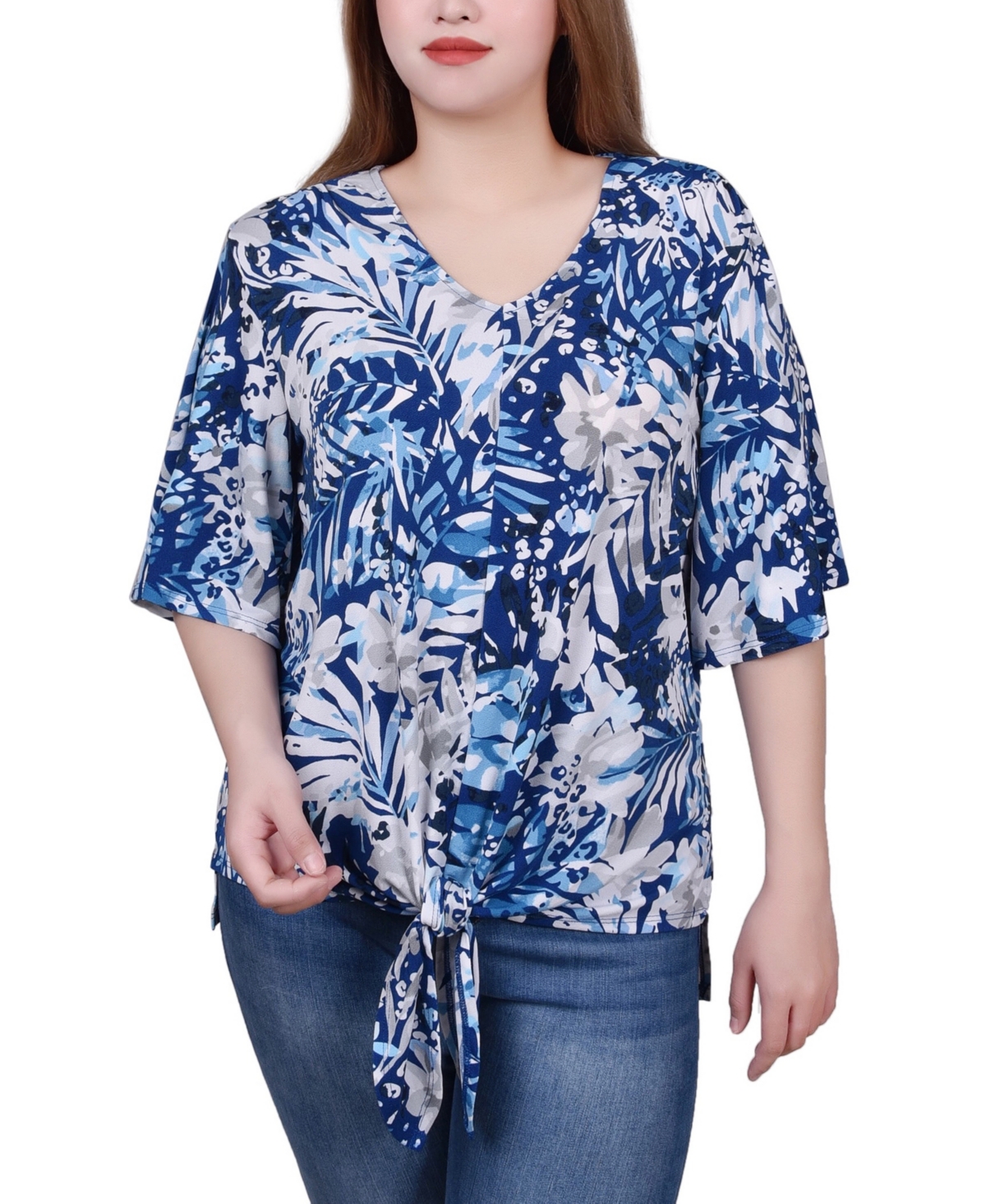 Ny Collection Petite Elbow Sleeve Tie-Front Top