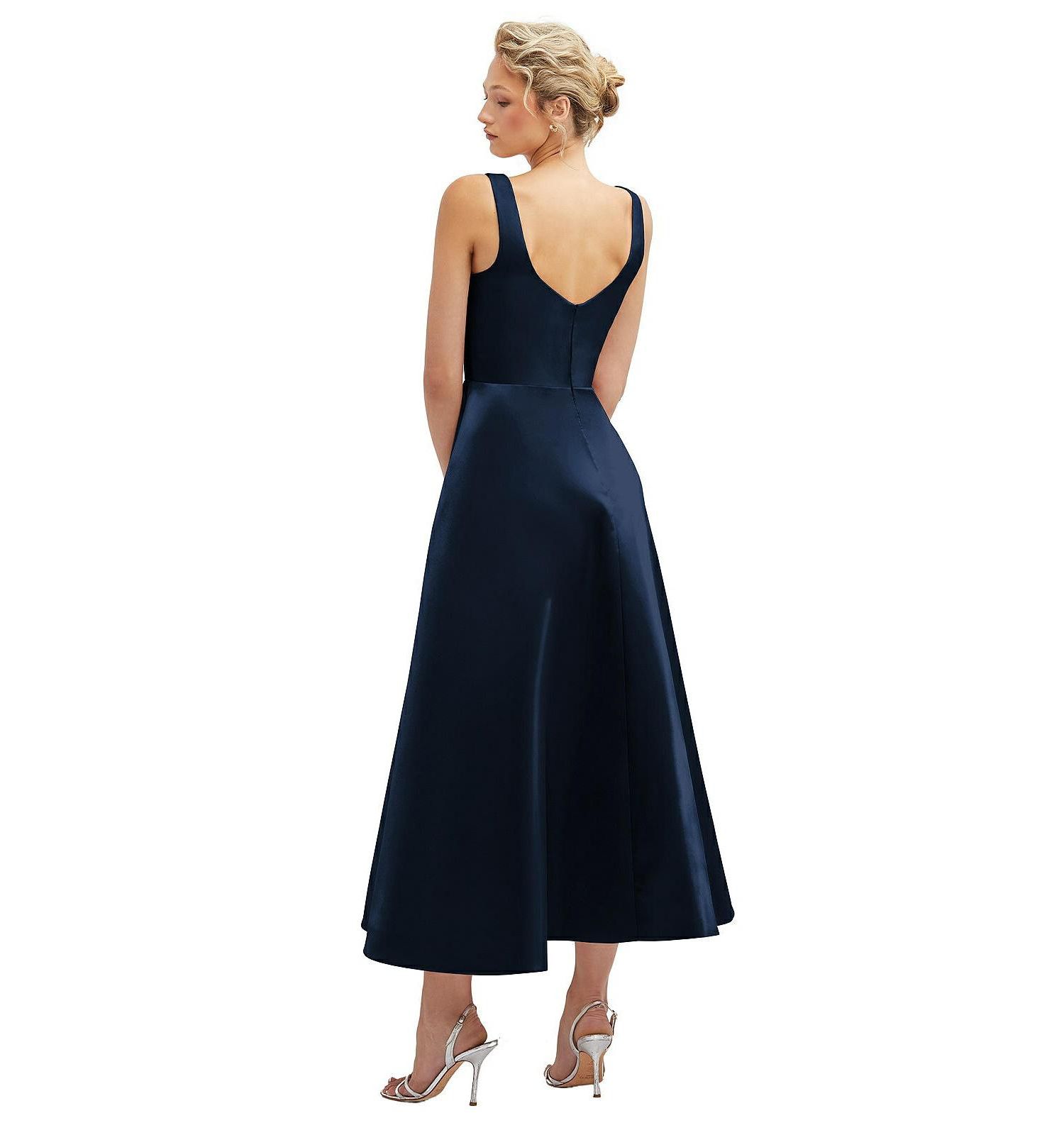 Women's Square Neck Satin Midi Dress with Full Skirt and Pockets