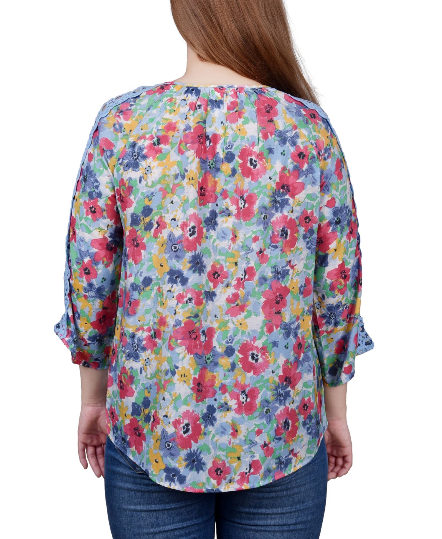 Petite 3/4 Sleeve Tunic with Crochet and Tie Neck