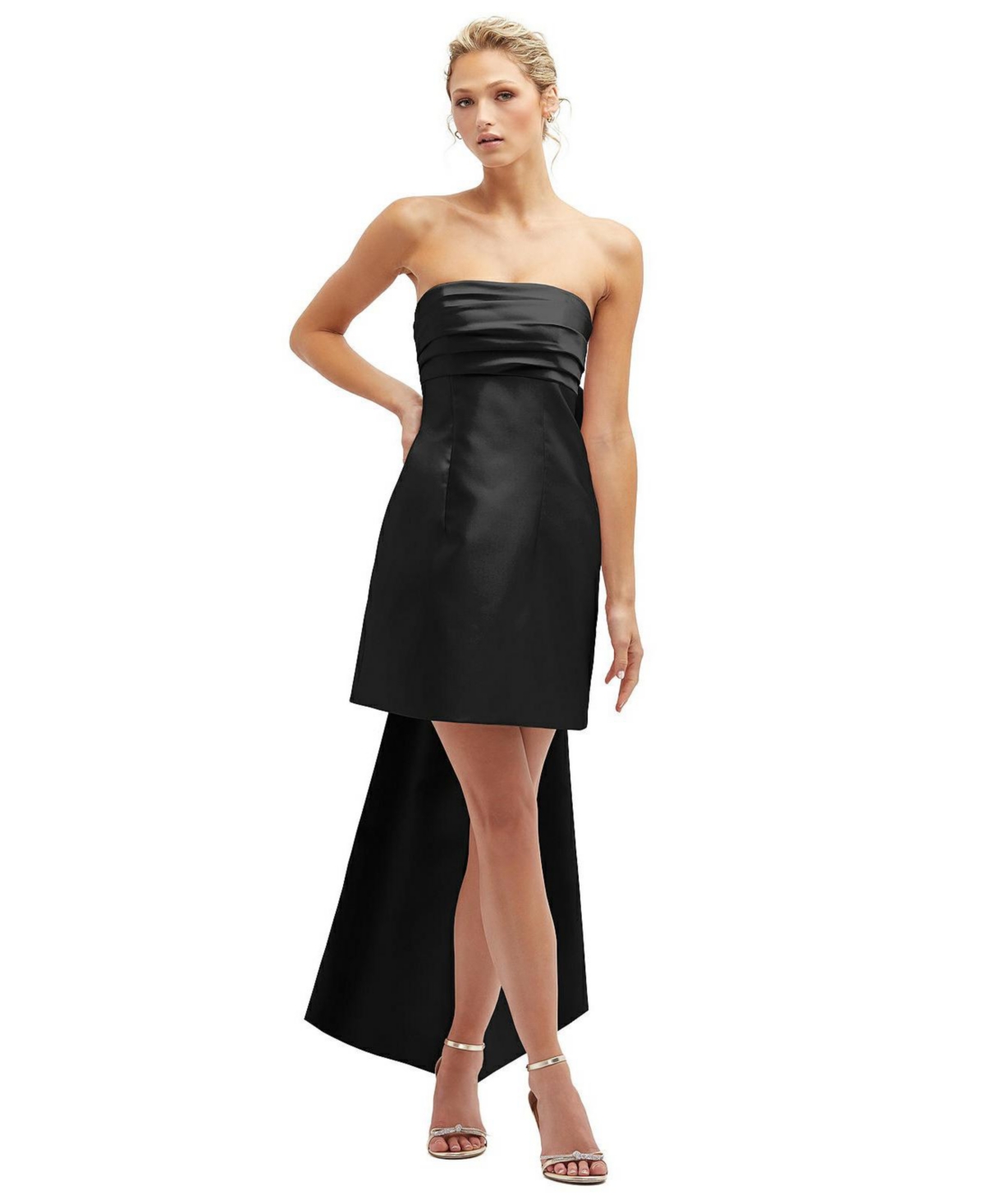 ALFRED SUNG STRAPLESS SATIN COLUMN MINI DRESS WITH OVERSIZED BOW