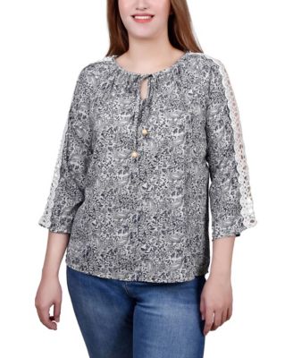 Petite 3/4 Sleeve Tunic with Crochet and Tie Neck
