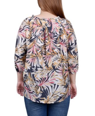 Petite 3/4 Sleeve Drawstring Neck Blouse Top