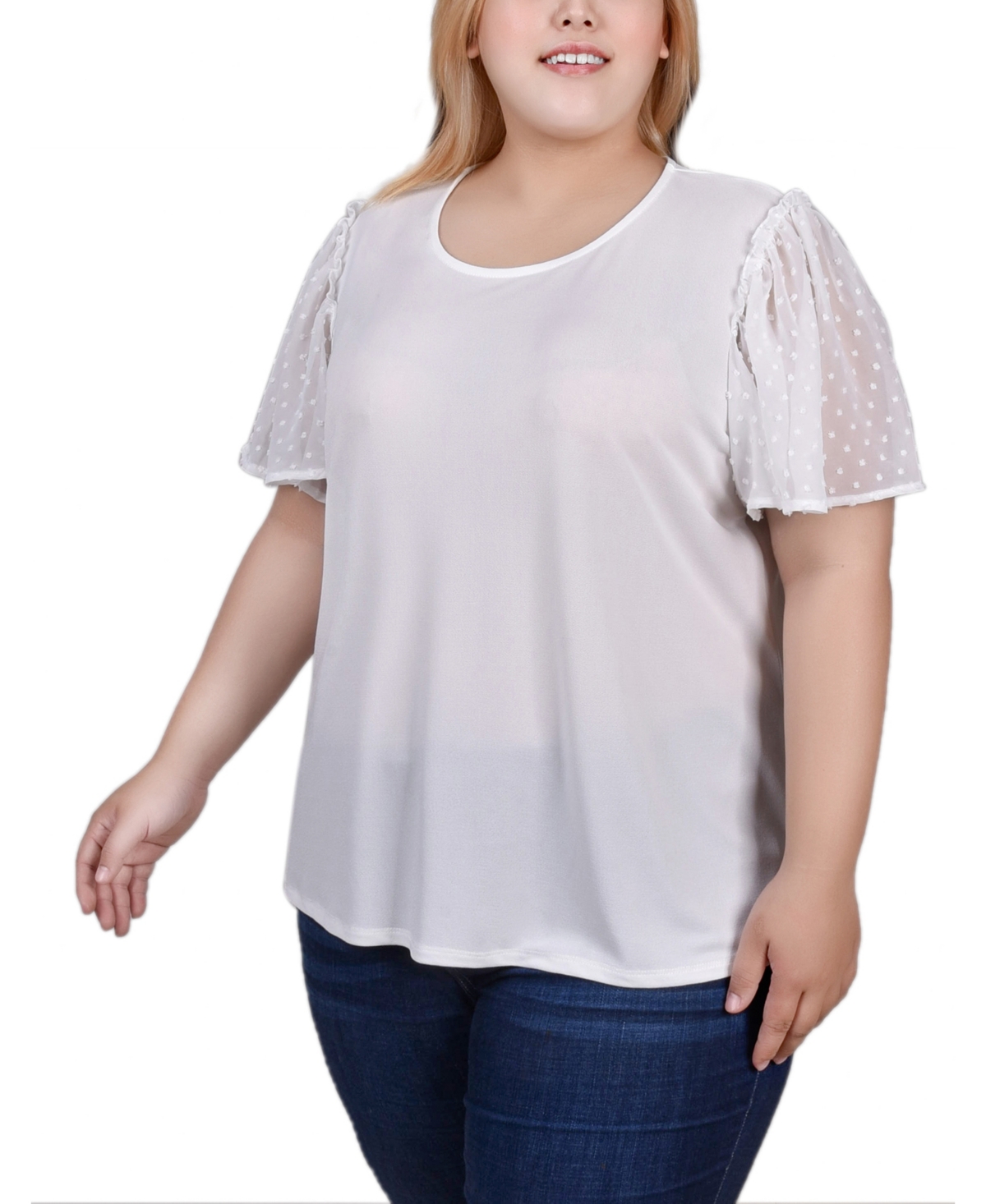 Ny Collection Plus Size Clip Dot Flutter Sleeve Top In Ivory