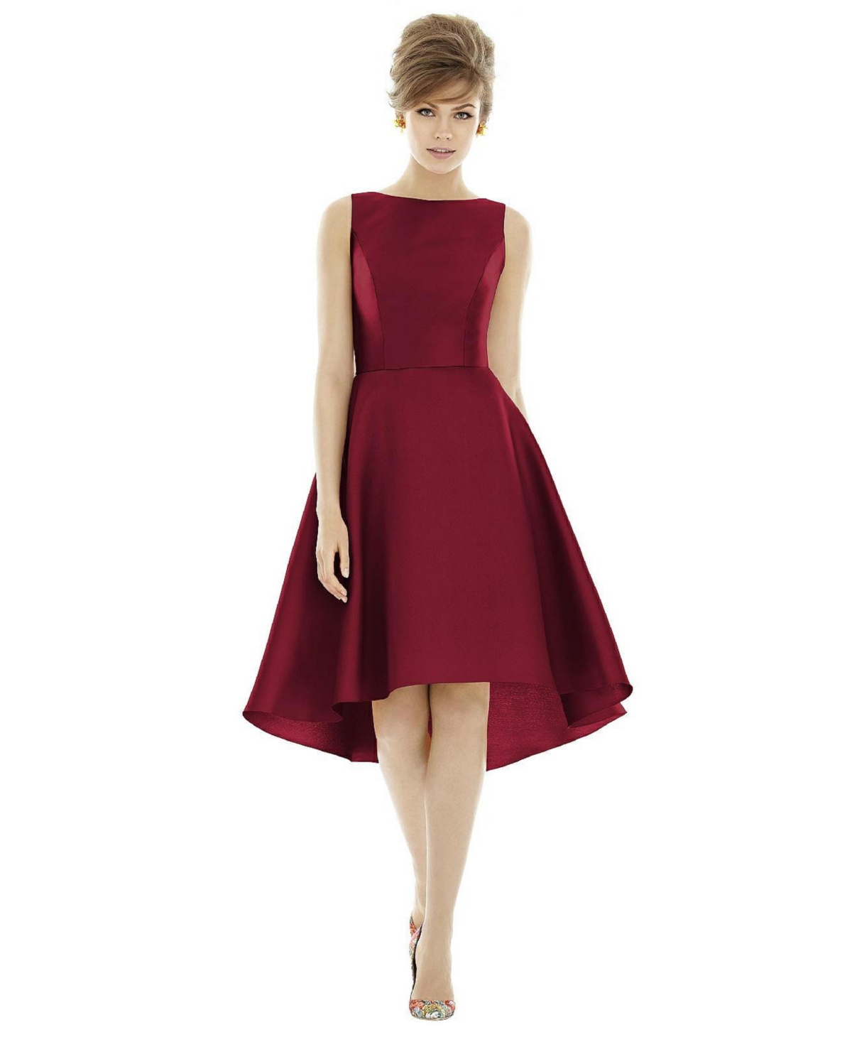 ALFRED SUNG BATEAU NECK SATIN HIGH LOW COCKTAIL DRESS