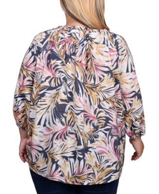 Plus Size 3/4 Sleeve Drawstring Neck Blouse