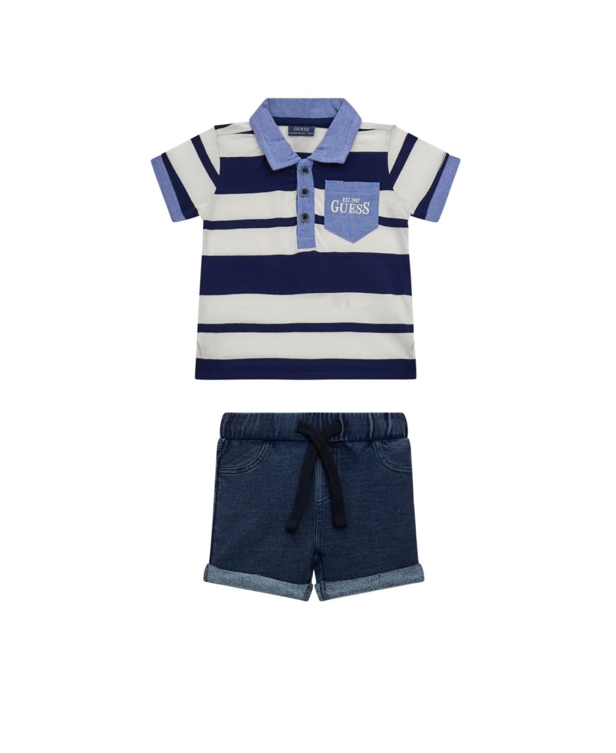Shop Guess Baby Boy Short Sleeve Polo And Denim Short Set In Blue