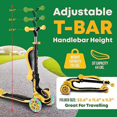 3-Wheel Kids Scooter with Foldable Seat, Adjustable Handlebar, LED Light-Up Wheels & Anti-Slip Deck, Lean-to-Steer Design for Ages 2+, Indoor/Outdoor