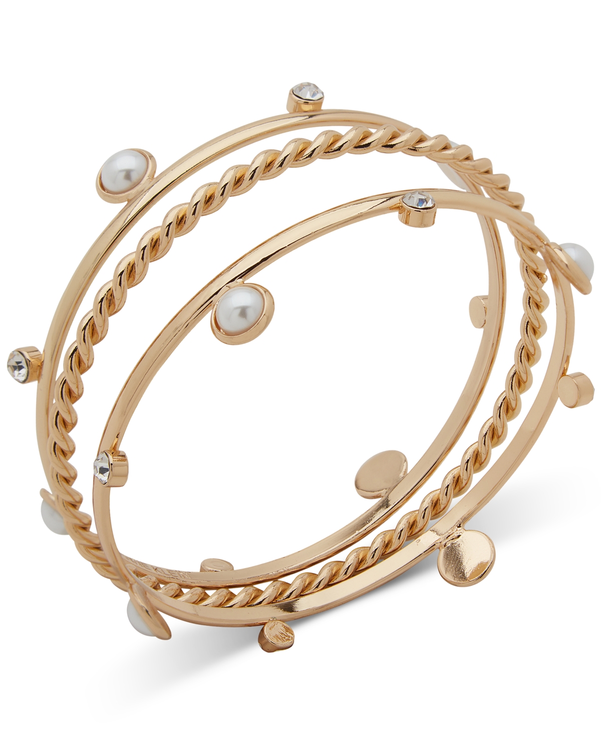 Shop Anne Klein Gold-tone 3-pc. Set Crystal & Imitation Pearl Bangle Bracelets