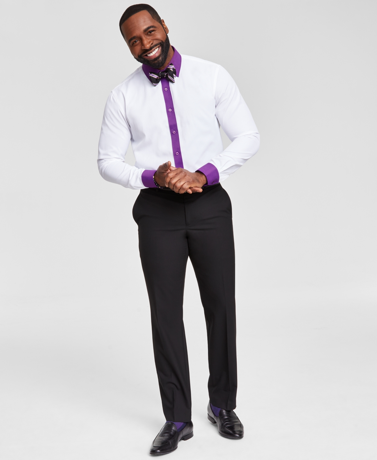 Shop Tayion Collection Men's Slim-fit Purple Trim Solid Dress Shirt In White And Purple