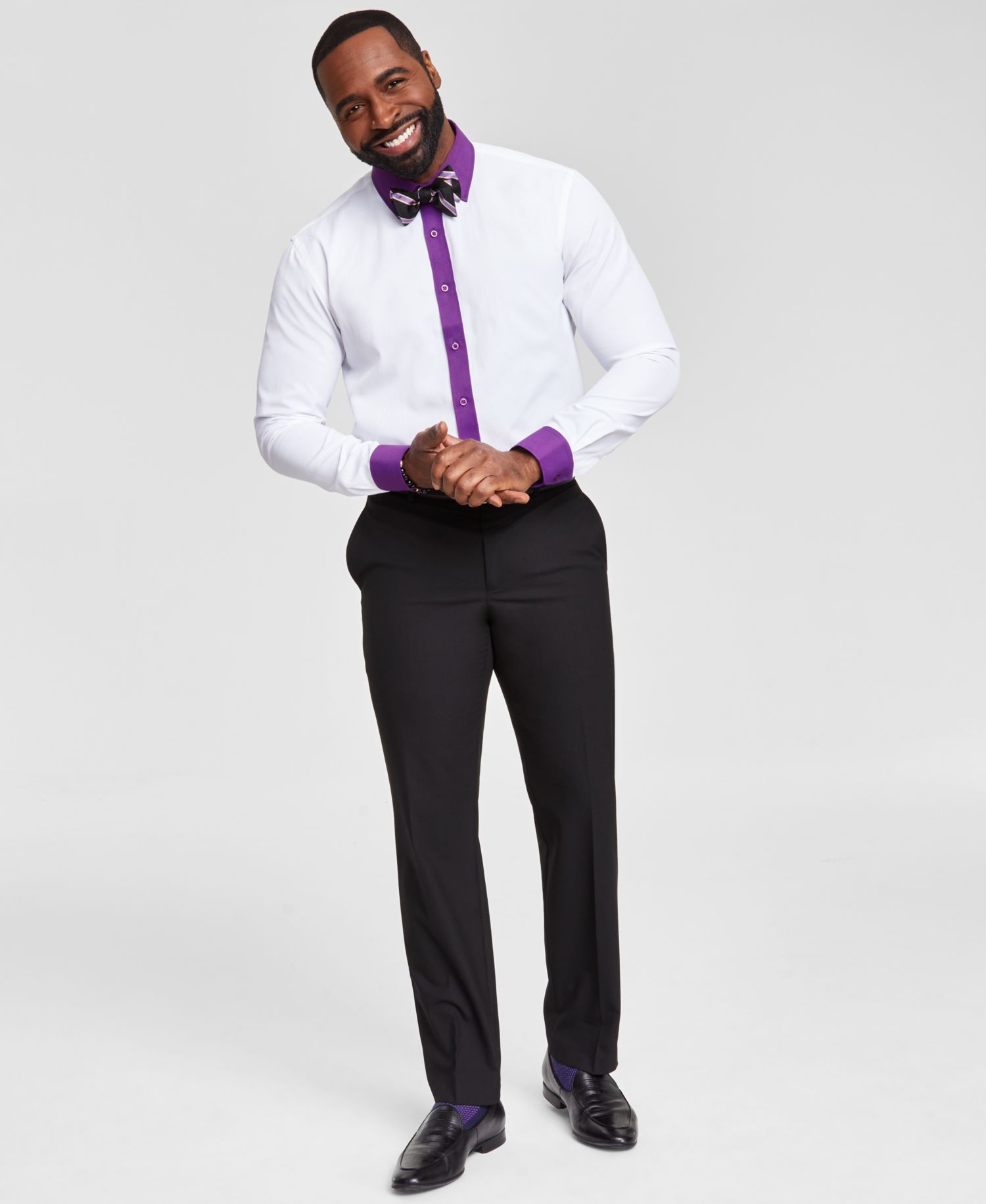 Men's Slim-Fit Purple Trim Solid Dress Shirt