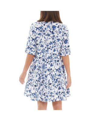 Bella Button Through Linen Dress White/Lapis