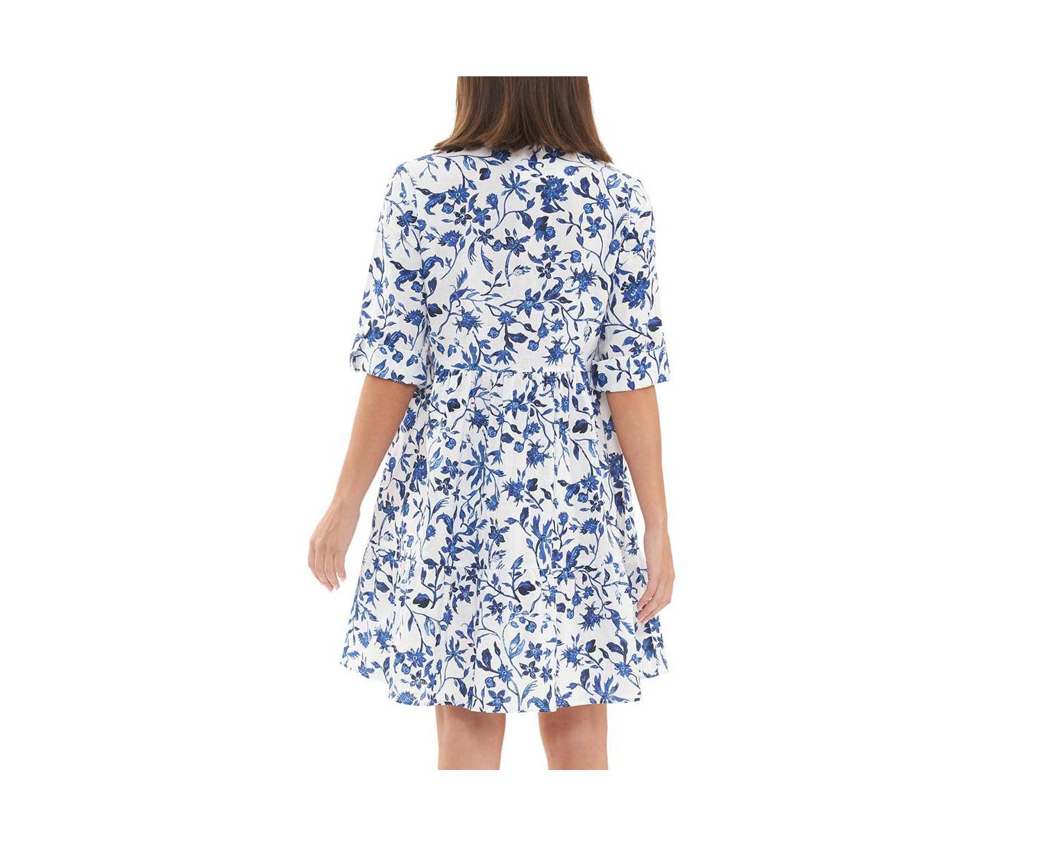 Bella Button Through Linen Dress White/Lapis