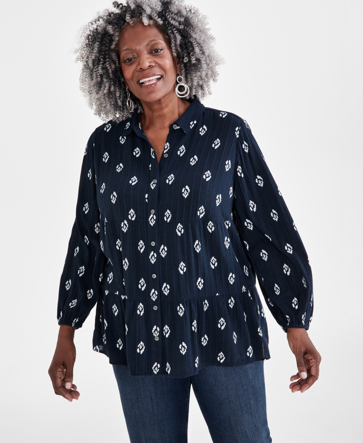 Plus Size Ikat Icon Tiered Long-Sleeve Shirt, Created for Macy's - Industrail Blue