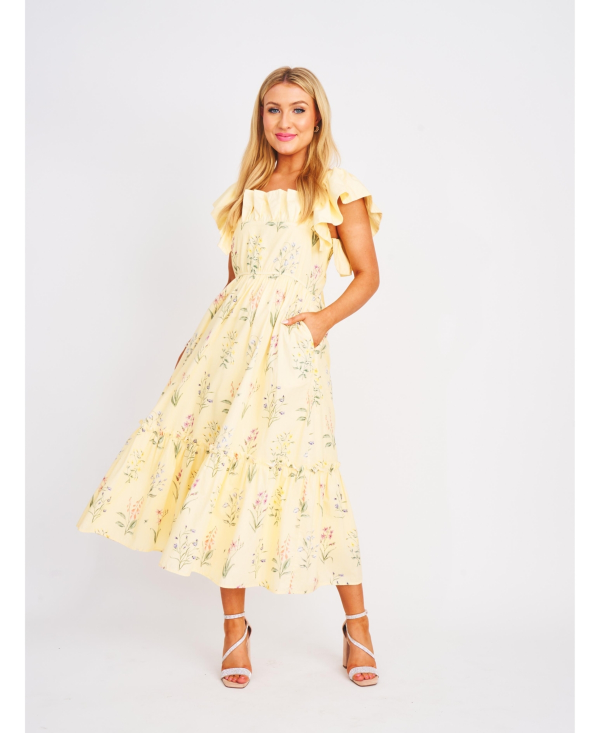 Women's Ruffle Midi Elle Dress - Yellow garden floral