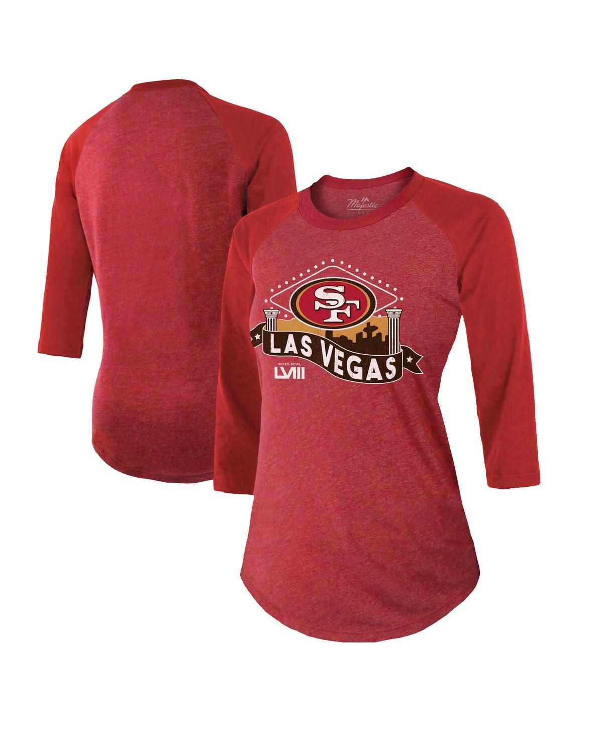 Women's Majestic Threads Scarlet San Francisco 49ers Super Bowl Lviii Vegas Raglan 3/4-Sleeve Tri-Blend T-shirt - Scarlet