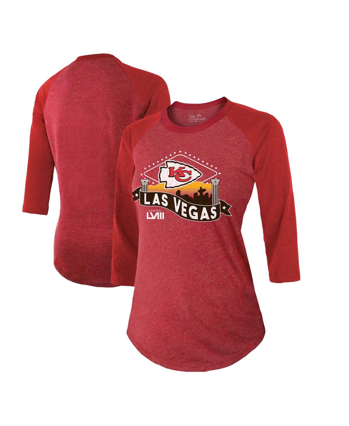 Women's Majestic Threads Red Kansas City Chiefs Super Bowl Lviii Vegas Raglan 3/4-Sleeve Tri-Blend T-shirt - Red