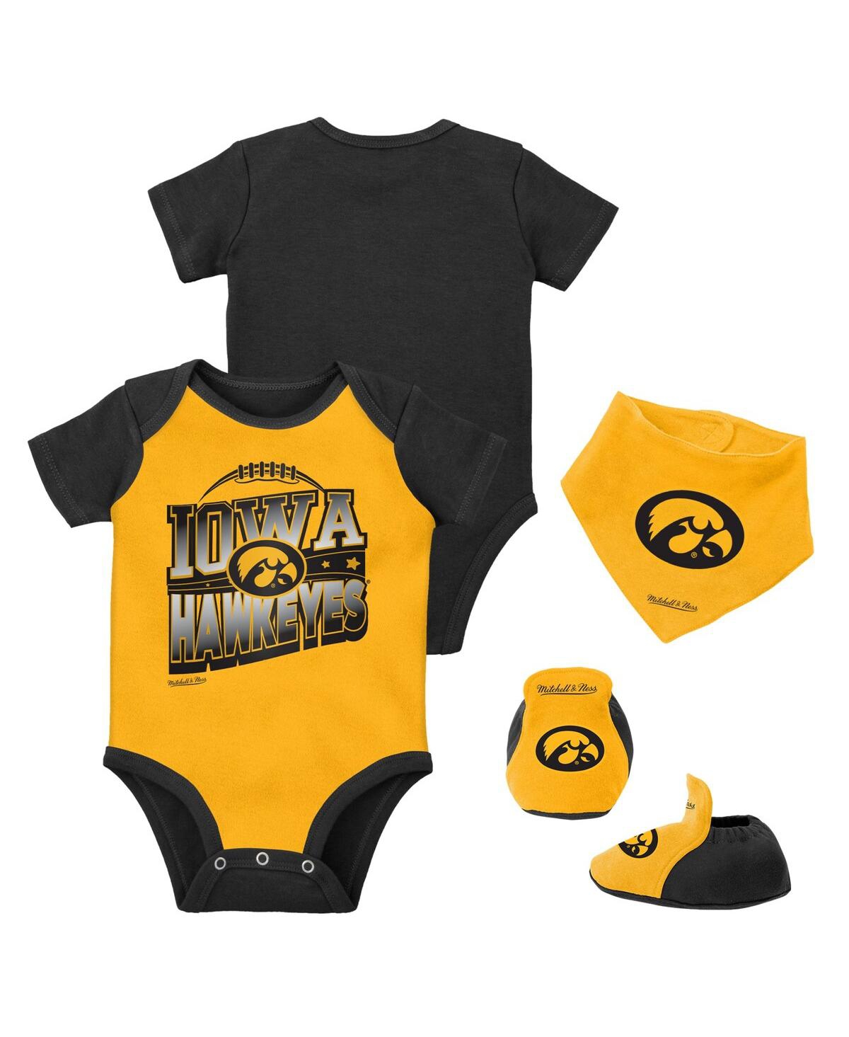 Shop Mitchell & Ness Baby Boys And Girls Mitchell And Ness Black, Gold Iowa Hawkeyes 3-pack Bodysuit, Bib And Bootie Set In Black,gold