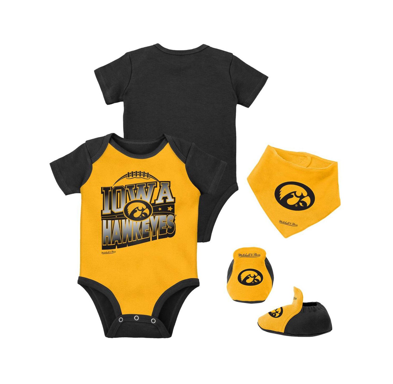 Baby Boys and Girls Mitchell and Ness Black, Gold Iowa Hawkeyes 3-Pack Bodysuit, Bib and Bootie Set