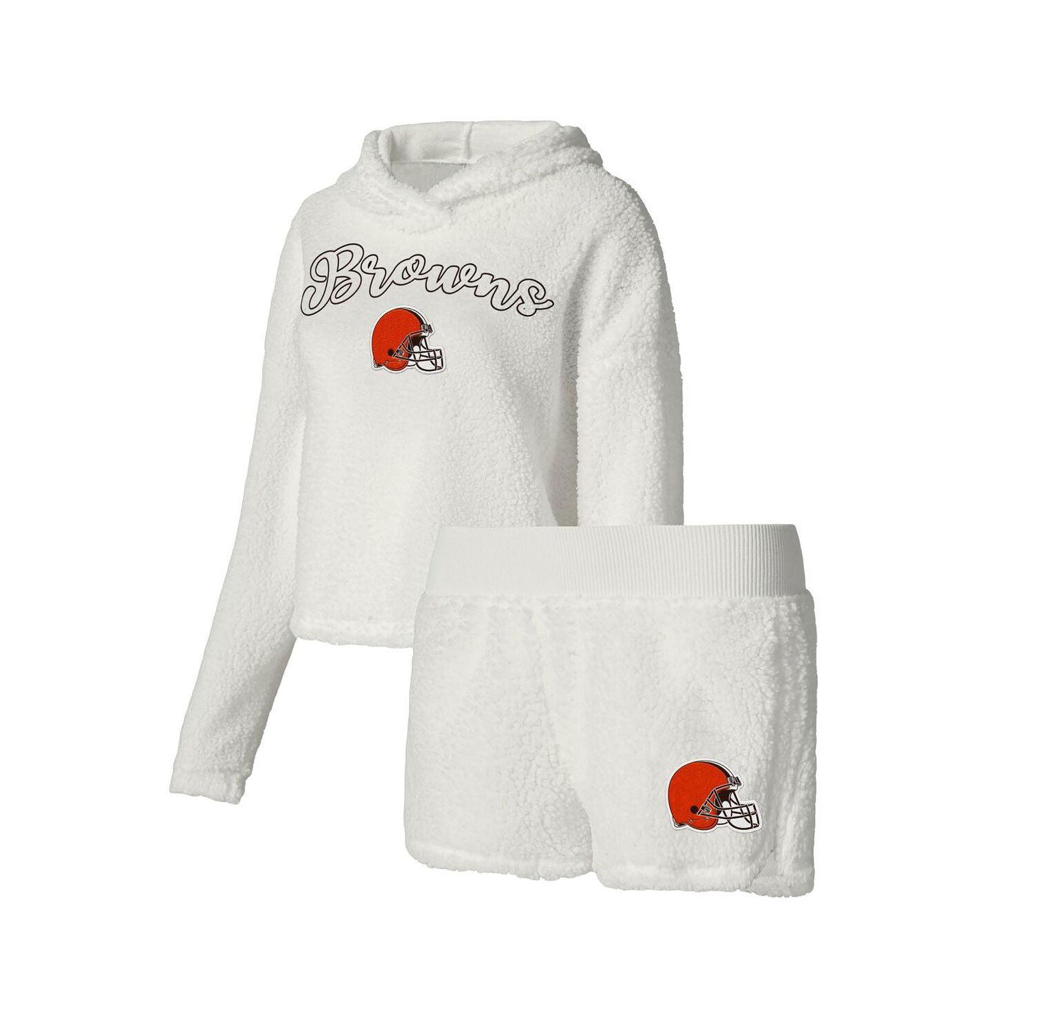 Women's White Cleveland Browns Fluffy Pullover Sweatshirt and Shorts Sleep Set