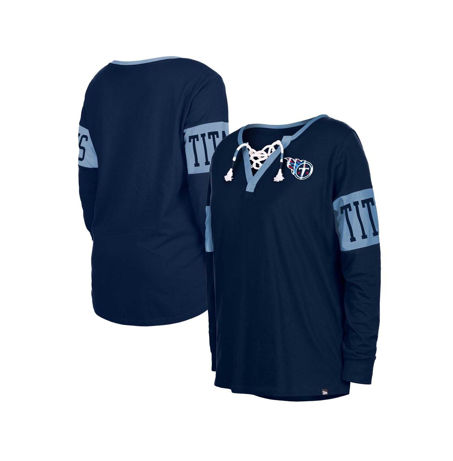 Женская футболка New Era Navy Tennessee Titans Lace-Up Notch Neck Long Sleeve — фото 1