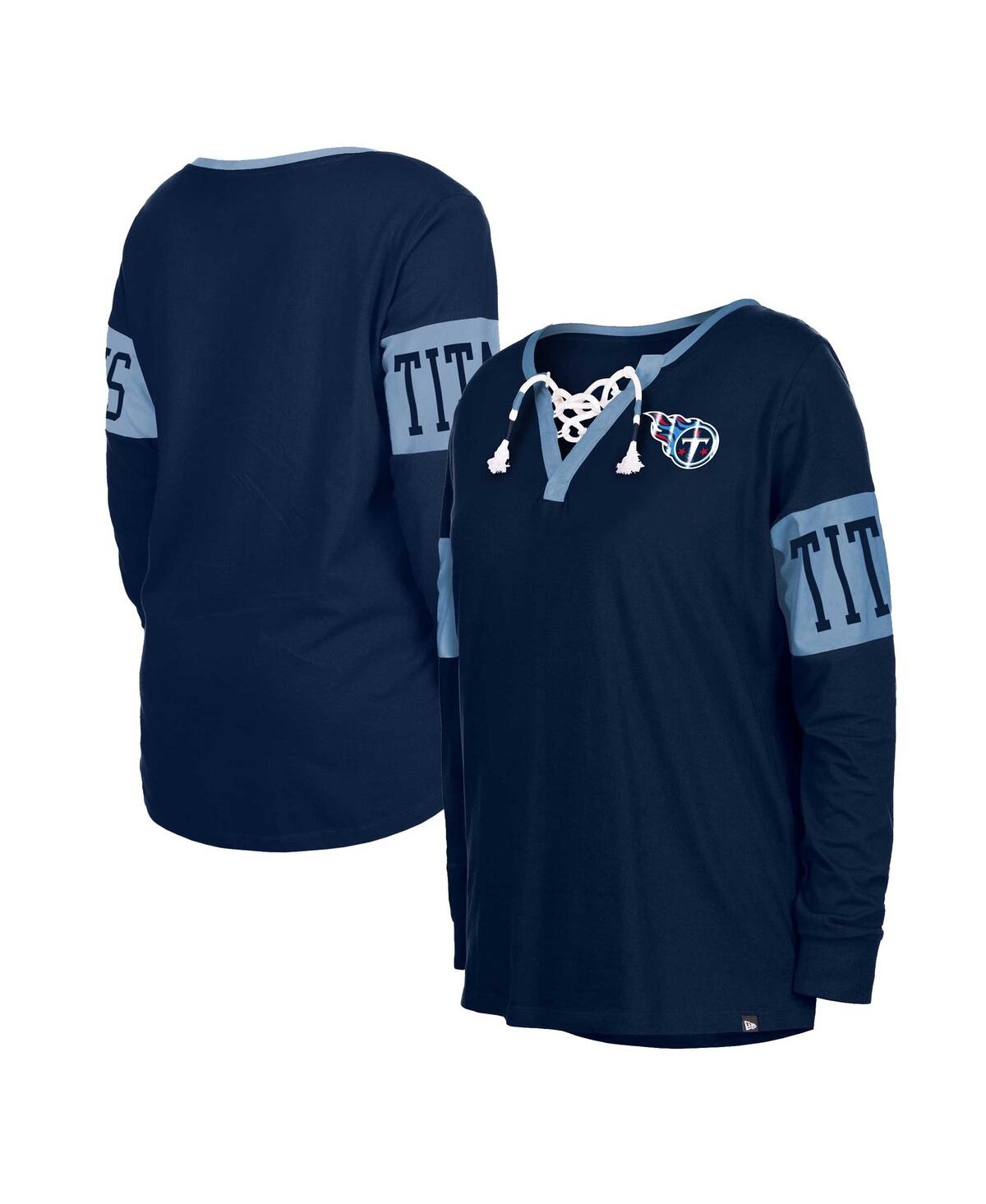 NEW ERA WOMEN'S NEW ERA NAVY TENNESSEE TITANS LACE-UP NOTCH NECK LONG SLEEVE T-SHIRT 