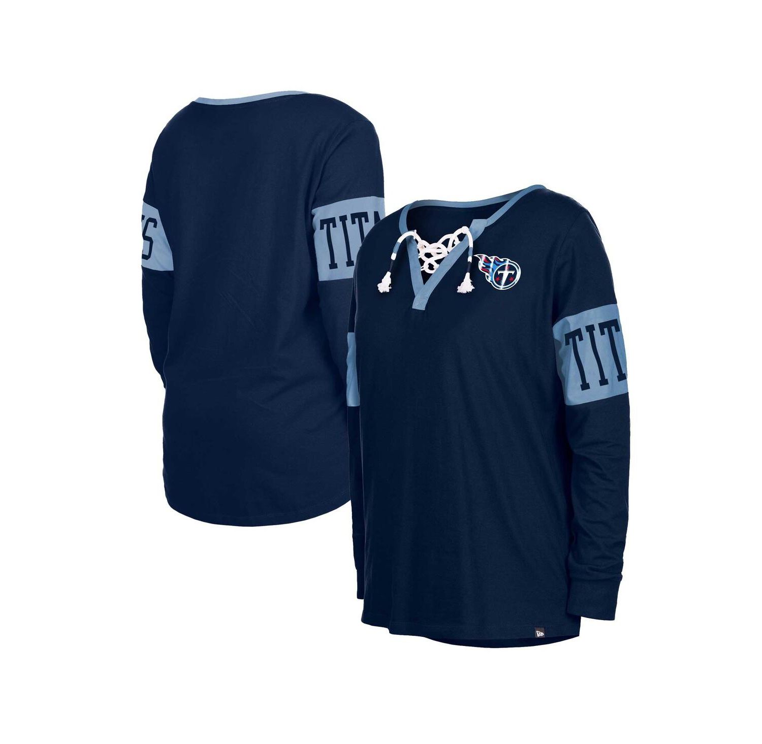 Women's Navy Tennessee Titans Lace-Up Notch Neck Long Sleeve T-shirt