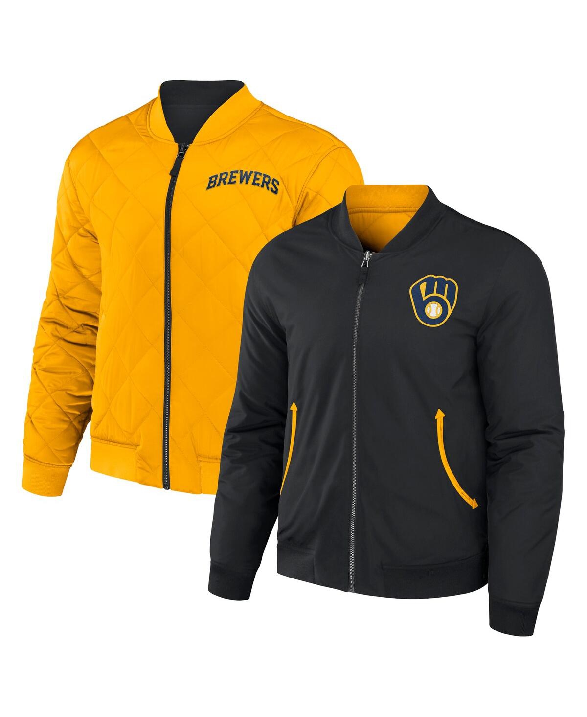 Men's Darius Rucker Collection by Fanatics Black, Gold Milwaukee Brewers Reversible Full-Zip Bomber Jacket - Black, Gold