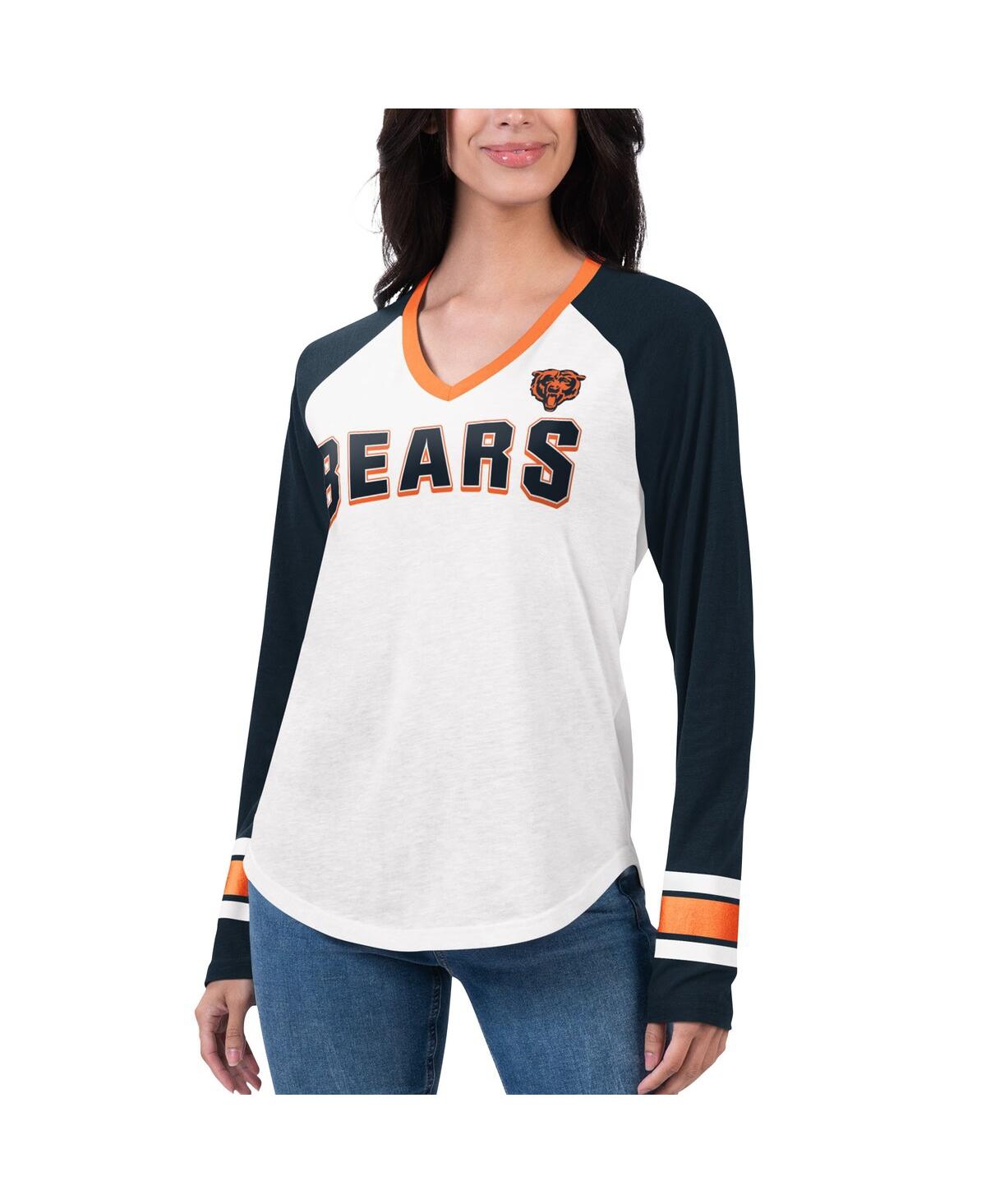 Women's G-iii 4Her by Carl Banks White, Navy Chicago Bears Top Team Raglan V-Neck Long Sleeve T-shirt - White, Navy