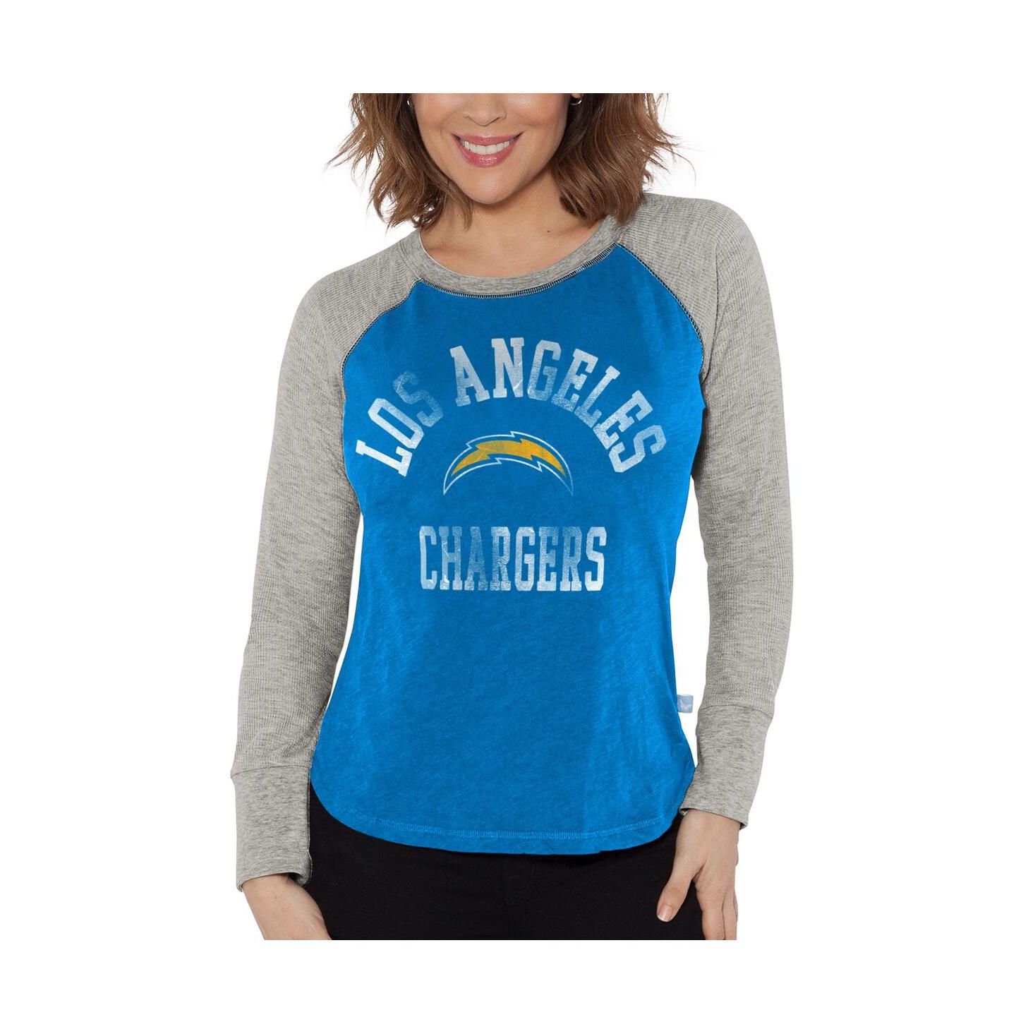 Женская футболка G-III 4Her by Carl Banks Powder Blue, Heather Gray Distressed Los Angeles Chargers Waffle Knit Raglan Long Sleeve — фото 1