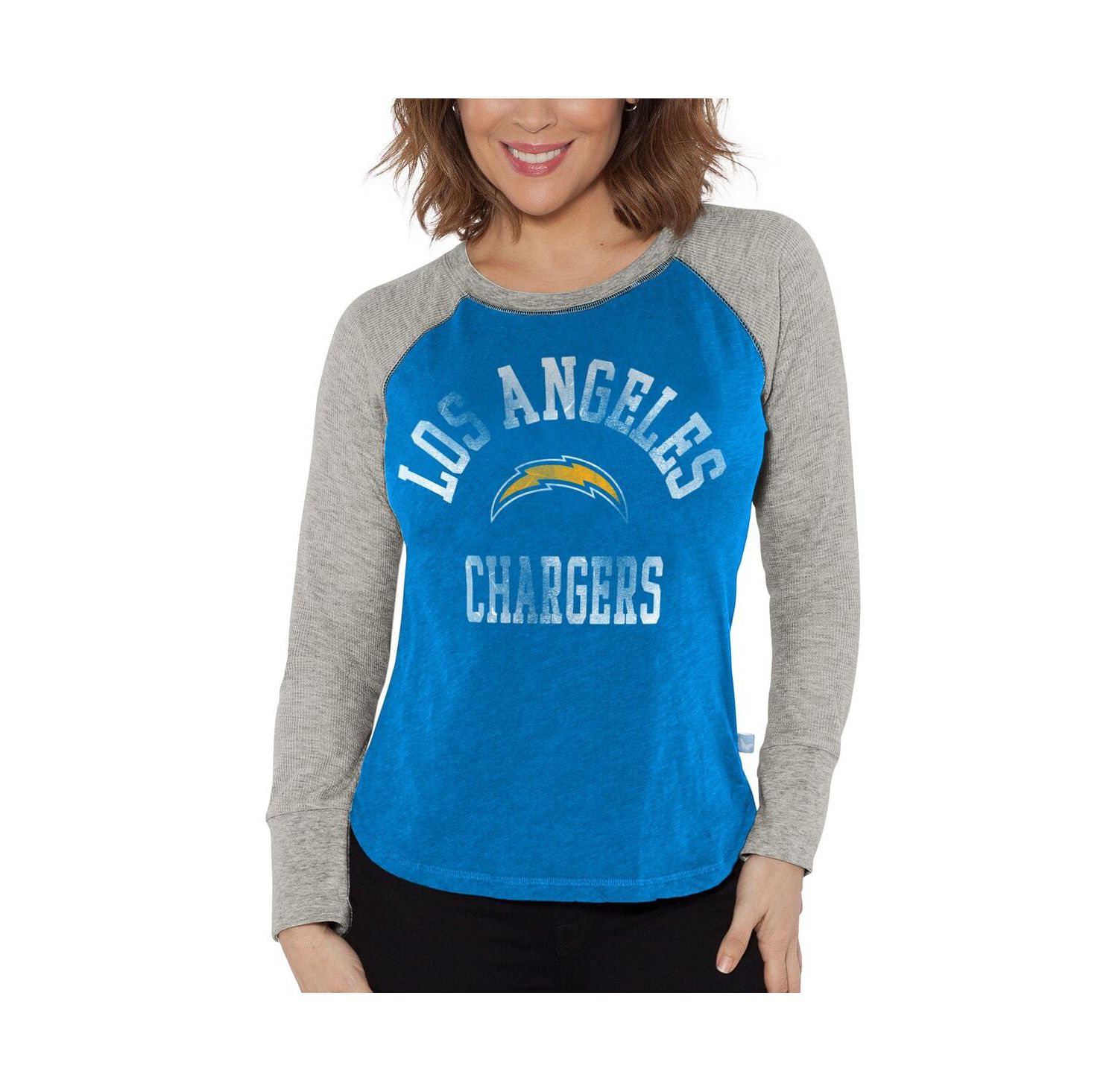 Women's Powder Blue, Heather Gray Distressed Los Angeles Chargers Waffle Knit Raglan Long Sleeve T-shirt